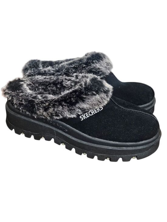 Skechers Shoes - NWOT SKETCHERS Fortress Platform Black Women's Faux Fur Clogs Slip On Sz 6